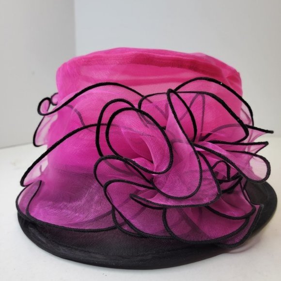 Pink and Black Ruffles Organza Packable Adjustable Dress Hat - Picture 12 of 16